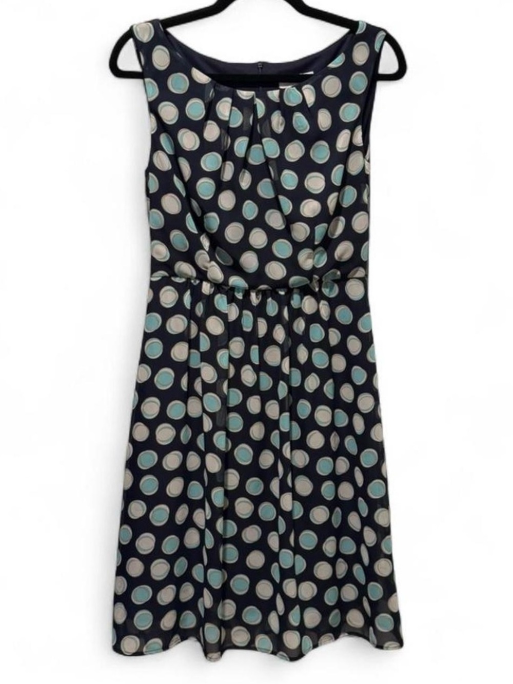 dressbarn Navy Midi Dress with Aqua and Cream Polka Dots